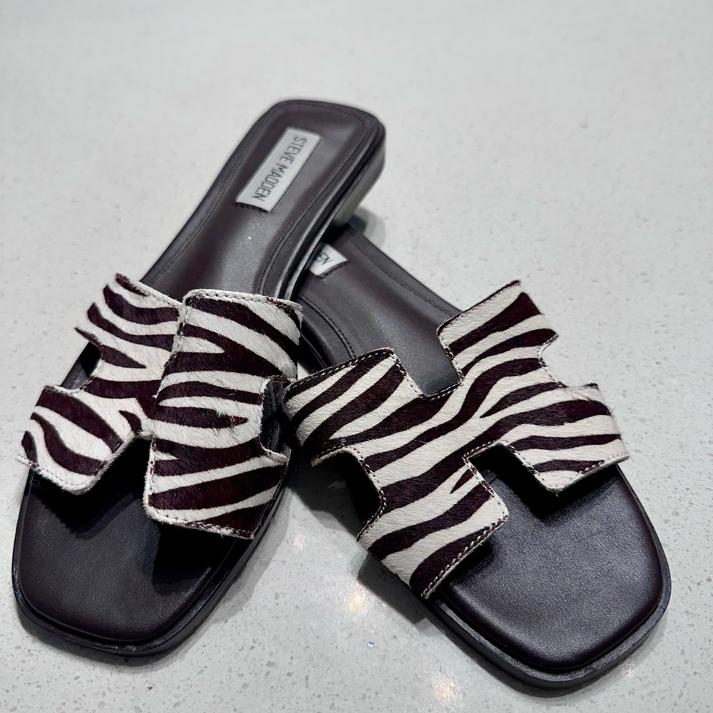Steve Madden Black and White Pony Hair Zebra Sandals